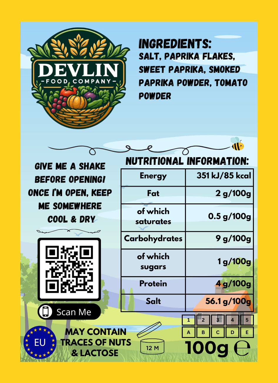 Devlin Food Company product label with ingredients, nutritional information, and QR code linking to the Devlin Food Company website.
