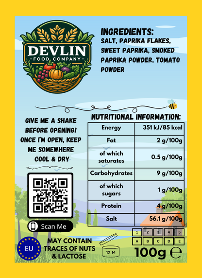 Devlin Food Company product label with ingredients, nutritional information, and QR code linking to the Devlin Food Company website.