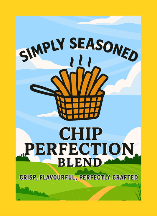 Advertisement for 'Simply Seasoned Chip Perfection Blend' with a basket of chips and scenic background.