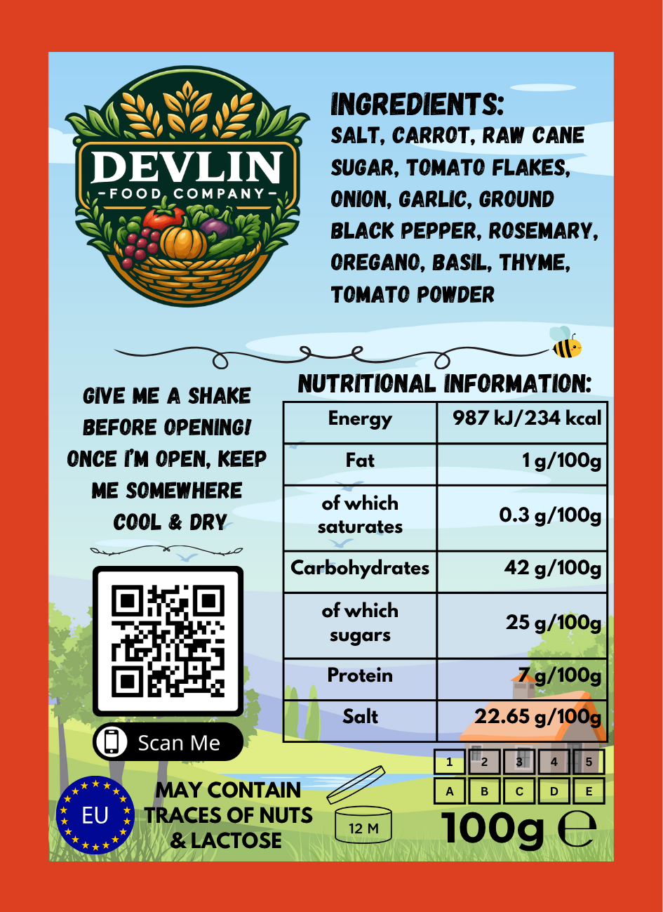 Devlin Food Company product label with ingredients, nutritional information, and QR code linking to the Devlin Food Company website.