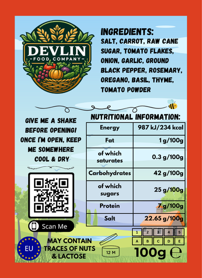 Devlin Food Company product label with ingredients, nutritional information, and QR code linking to the Devlin Food Company website.