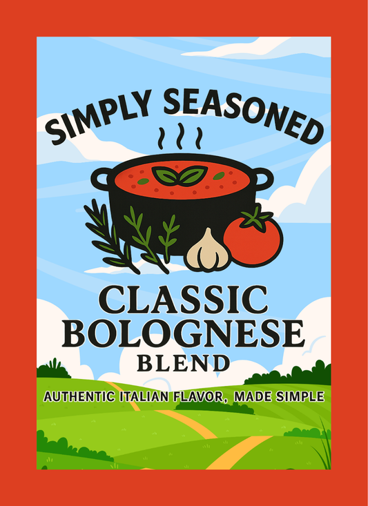Label for 'Simply Seasoned Classic Bolognese Blend' with cooking pot and ingredients on a scenic background.