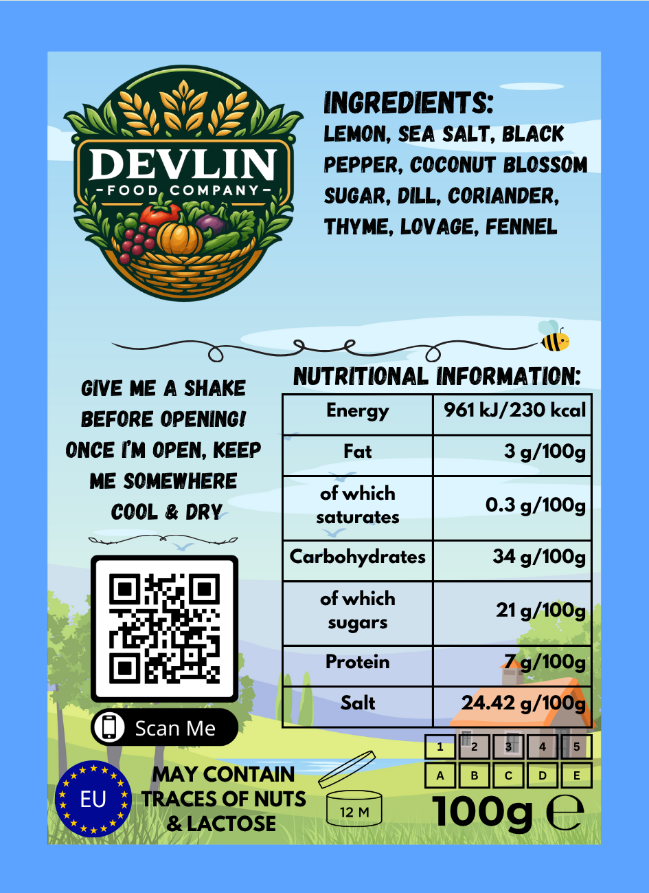 Devlin Food Company product label with ingredients, nutritional information, and QR code linking to the Devlin Food Company Website.