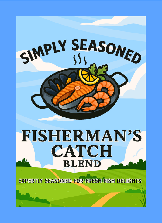 Product label for 'Simply Seasoned Fisherman's Catch Blend' with a scenic background.