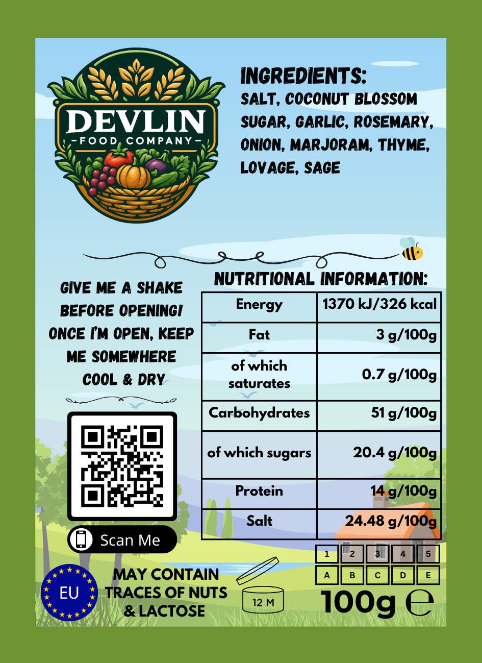 Devlin Food Company product label with ingredients, nutritional information, and QR code linking to the Devlin Food Company website.
