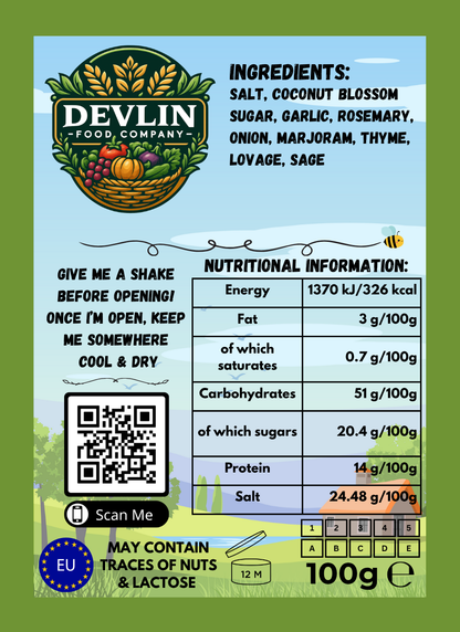 Devlin Food Company product label with ingredients, nutritional information, and QR code linking to the Devlin Food Company website.