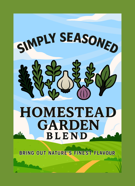 Product packaging for 'Simply Seasoned Homestead Garden Blend' with illustrations of herbs and vegetables on a green background.