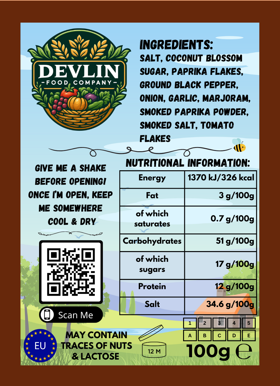 Devlin Food Company product label with ingredients, nutritional information, and QR code linking to the Devlin Food Company website.