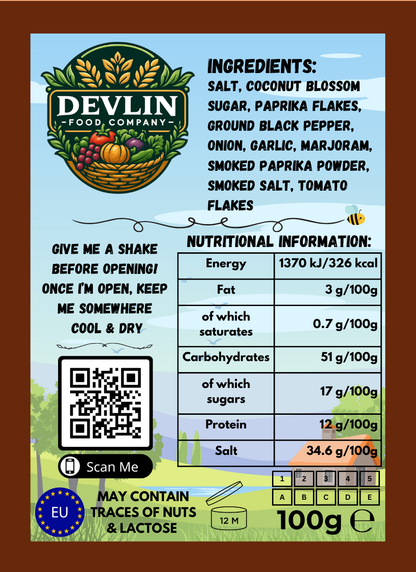 Devlin Food Company product label with ingredients, nutritional information, and QR code linking to the Devlin Food Company website.