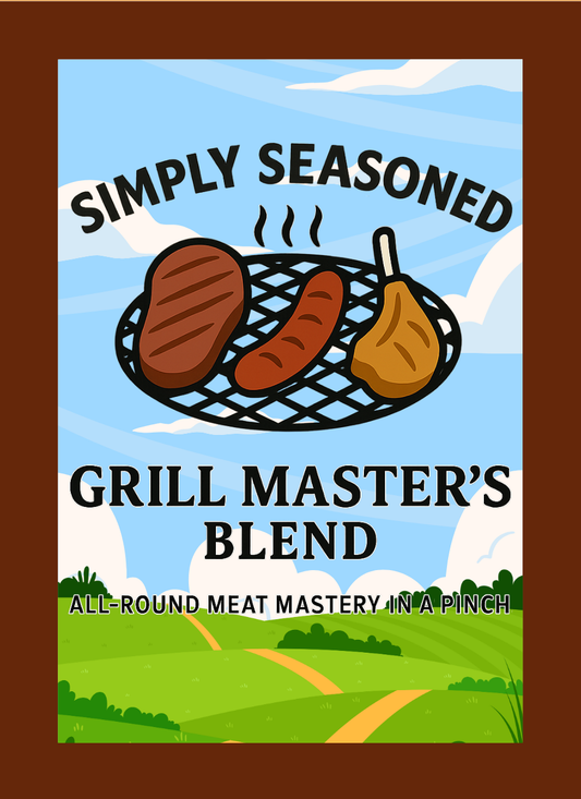 Advertisement for 'Simply Seasoned Grill Master's Blend' with grill and meat graphics on a scenic background.