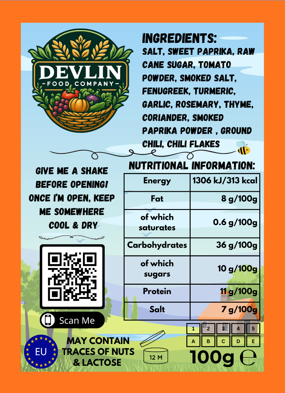 Devlin Food Company product label with ingredients, nutritional information, and QR code linking to the Devlin Food Company Website.