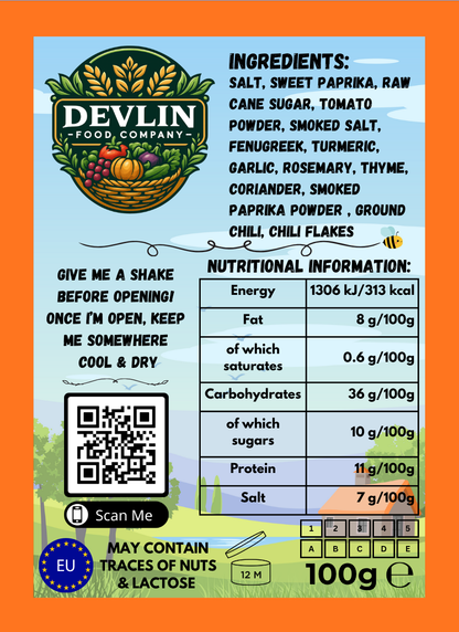 Devlin Food Company product label with ingredients, nutritional information, and QR code linking to the Devlin Food Company Website.