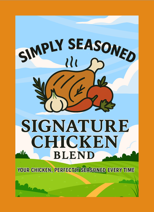 Product label for 'Simply Seasoned Signature Chicken Blend' with a cartoon chicken, vegetables, and landscape.